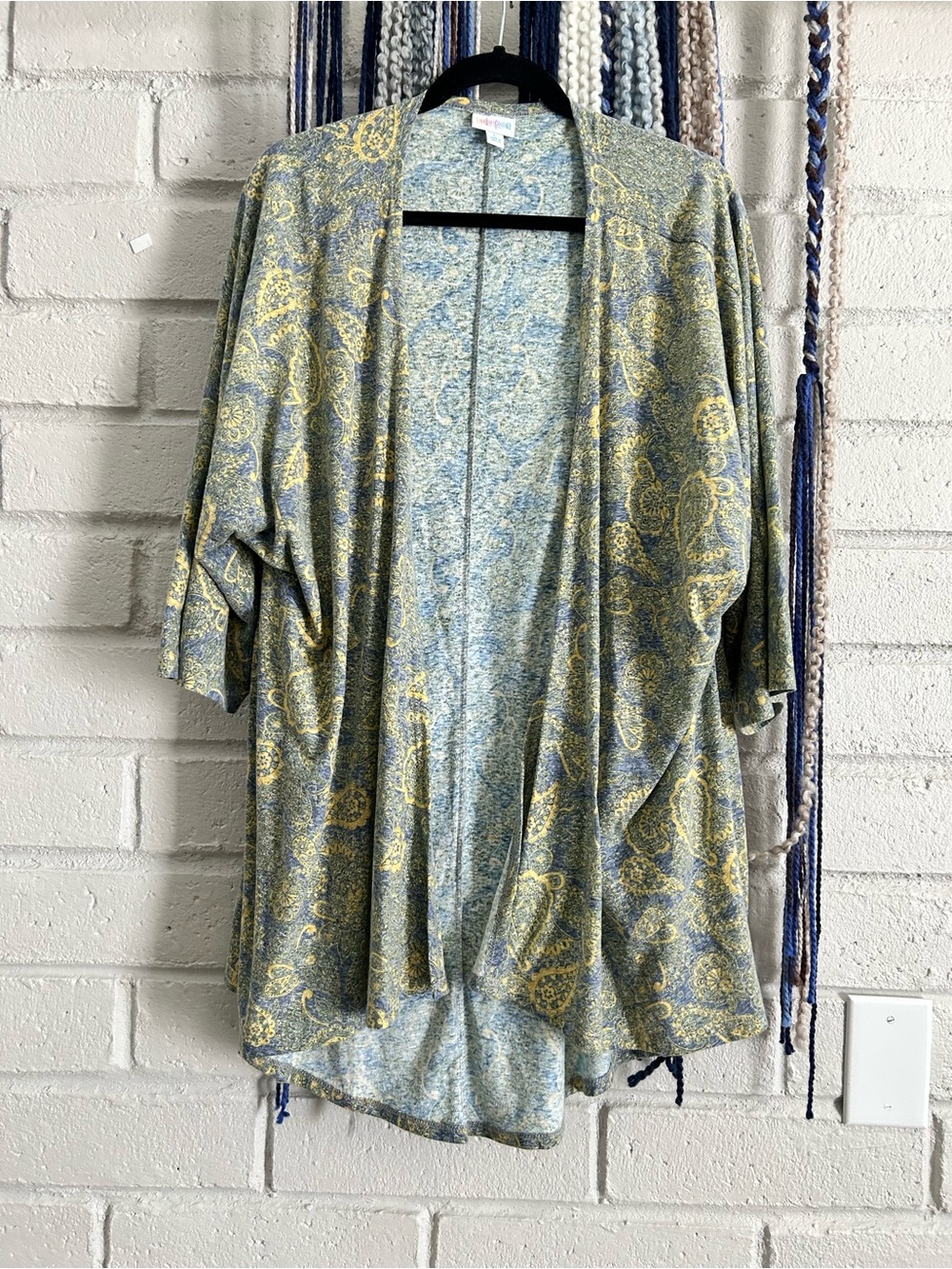 LuLaRoe Gray and Yellow Paisley Open Front Cardigan